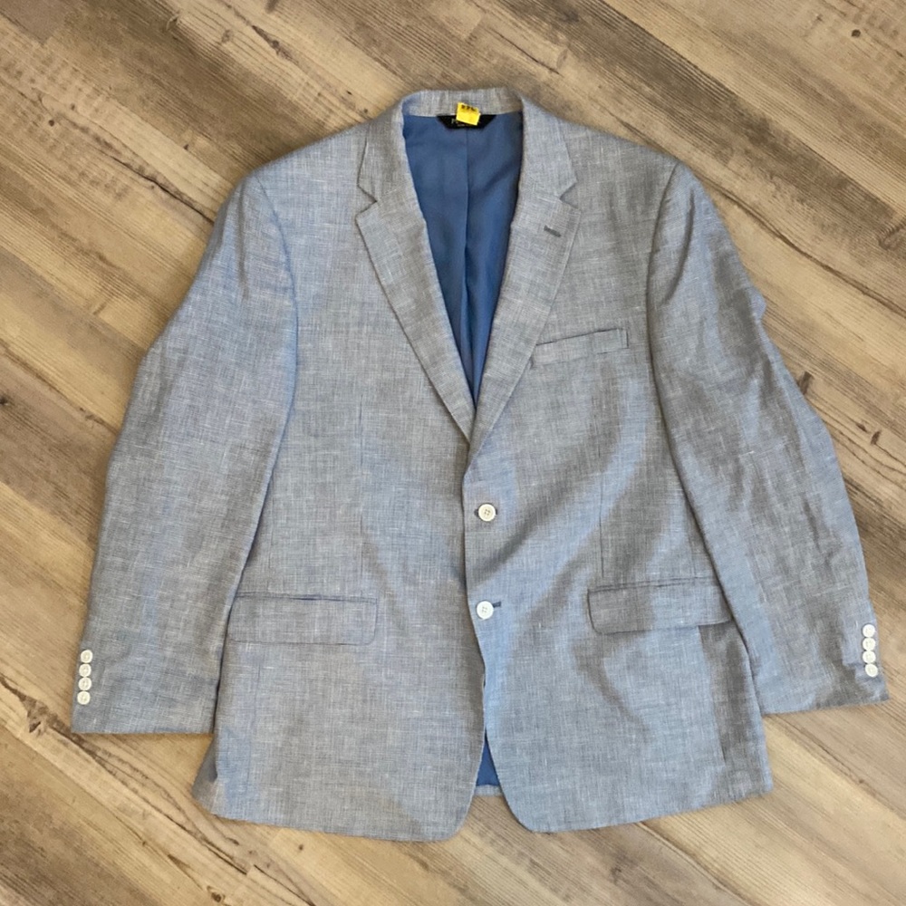Jos. A Bank Blazer Sport Coat Linen Wool Tailored Fit 46R Houndstooth blue white